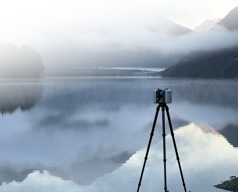 RTC360 LiDAR Scanner capturing data near a lake.